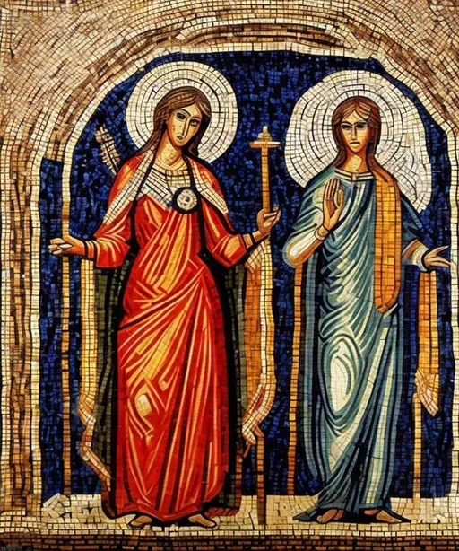 Prompt: mosaic art of goddess and god, moon, justice, law, scales, gavel, glamour, mary, early christian art, christian, mary mother of jesus, middle ages, monastery, traditional