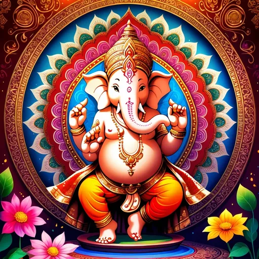 Prompt: (anime style) vibrant colors, intricate detailing, dynamic pose of Ganesh, majestic presence, ornate backdrop featuring traditional Indian motifs, enchanting flowers, ethereal lighting creating a spiritual ambiance, culture-rich symbols, HD quality, visually striking with expressive features conveying wisdom and joy, harmonious blend of tradition and artistry.