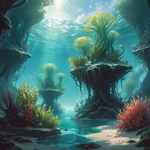 Prompt: Fantasy oceanscape. Magical sea plants. Pristine water. Magic the gathering art style.