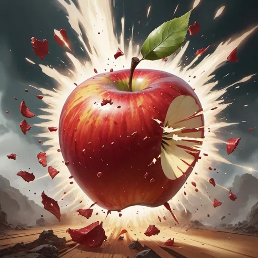 Prompt: Apple explosion. Magic the gathering art style. Exploding apple. Apple destruction.