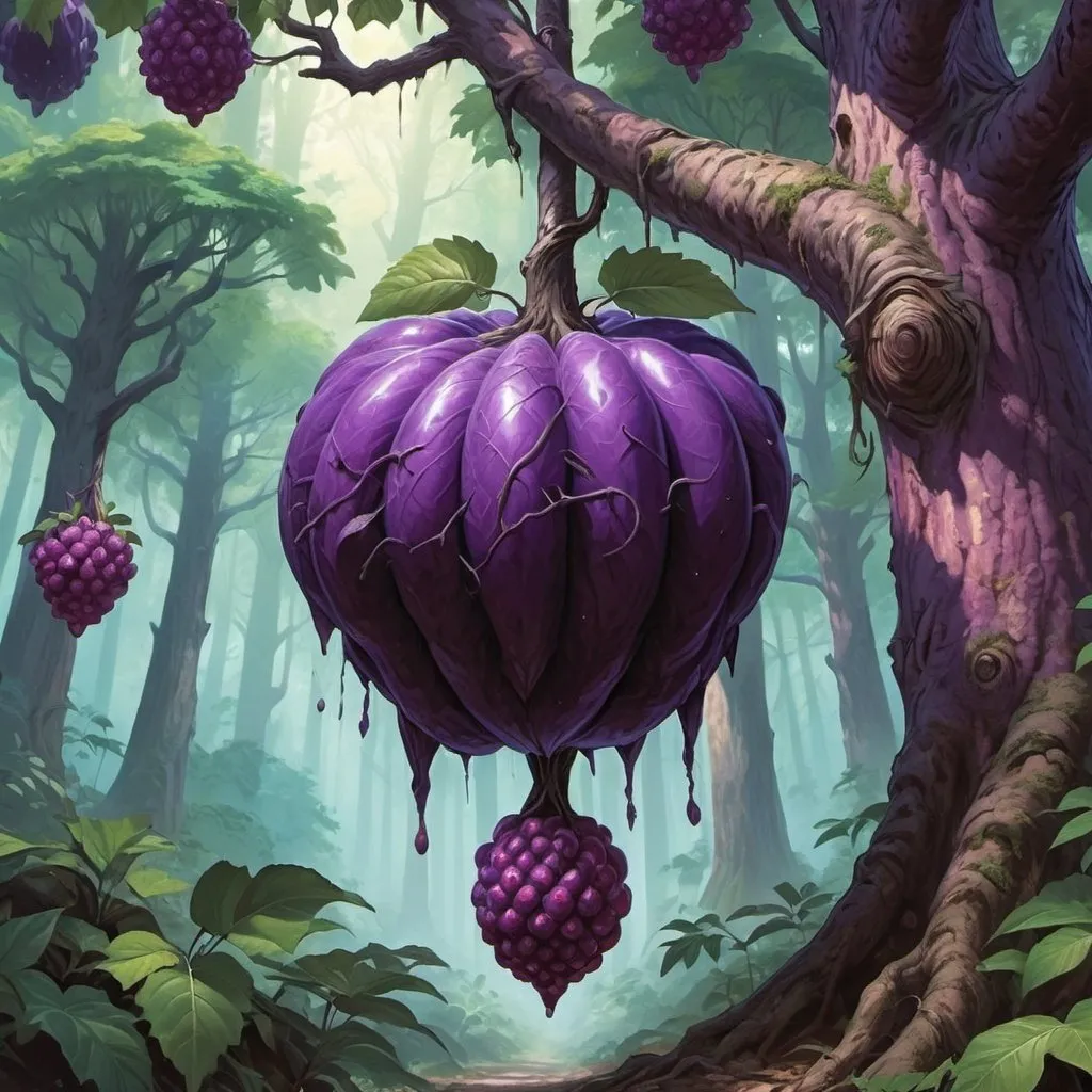 Prompt: Magic the gathering art style. Gigantic purple fruit hanging from a tree. The fruit is large enough to be about the forest. background dense forest.