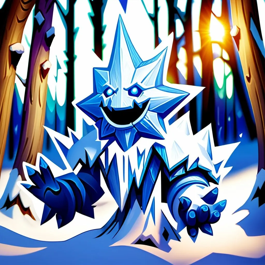 Prompt: Snow Elemental. Made of opaque ice shards. Hearthstone art style. Frozen forest background. Floating ice arms.