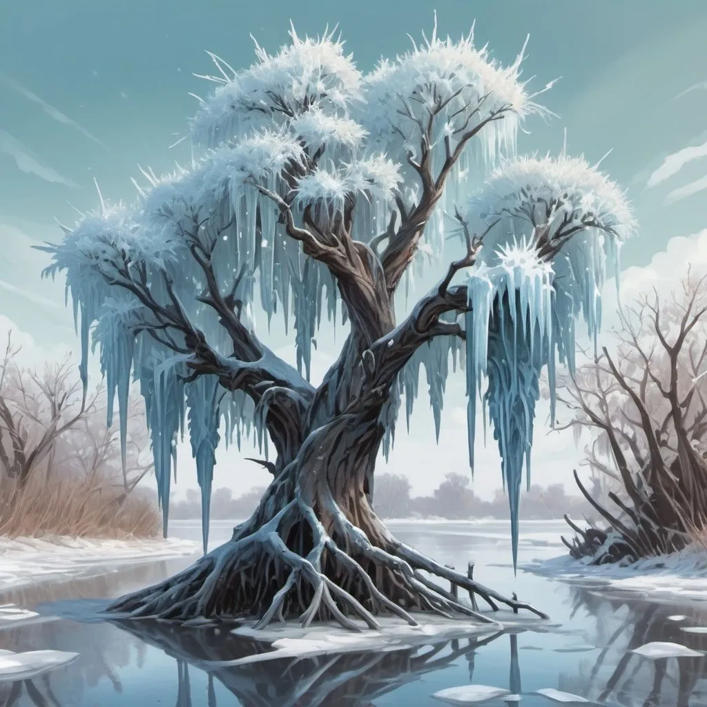 Prompt: Icy Mangrove Willow Tree. Icicles. Ice spikes. Dead Tree. Magic the gathering art style. 