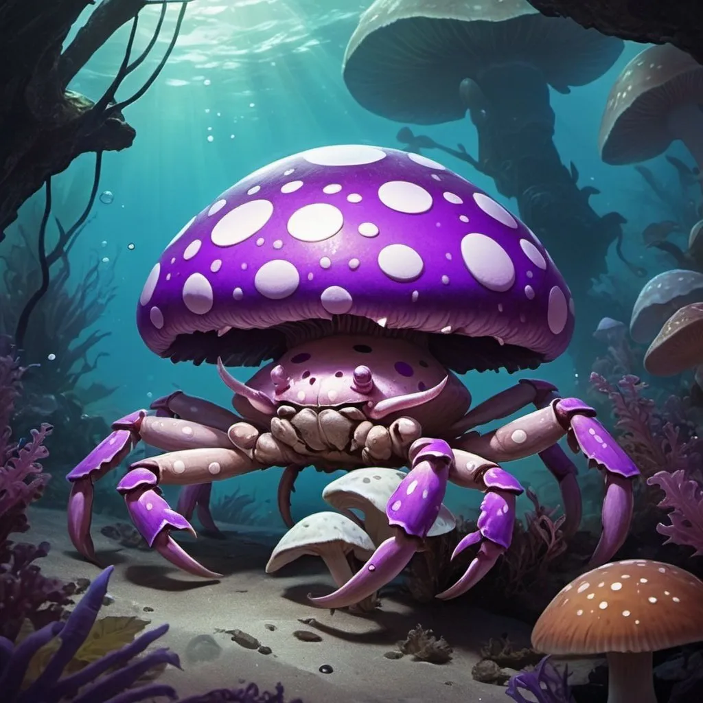 Prompt: Purple Polkadot Mushroom crab. Fantasy. Underwater. Magic the gathering art style.