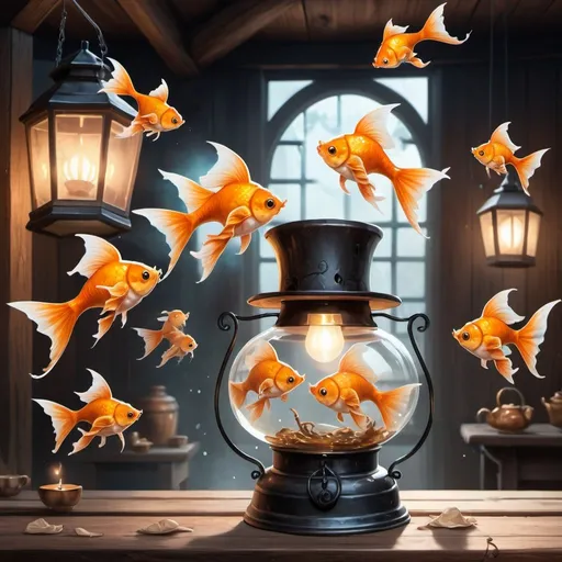 Prompt: Magic the gathering artstyle. Flying teapots. Flying goldfish. Rustic wooden shop background. Lantern with spider legs. Eyes inside a top hat.