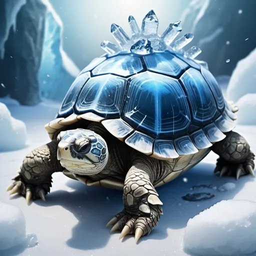 Prompt: Old, Ice turtle with snow and blue crystals on its shell. White Snapping turtle mad of ice. Magic the gathering art style. Trapped in Ice.