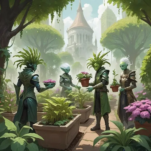 Prompt: Plant people tending a garden. magic the gathering art style. 
