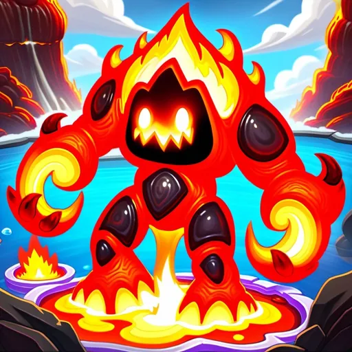 Prompt: Lava elemental. Hearthstone art style. Lava elemental rises from a lava pool. Floating arms. Amorphous body.