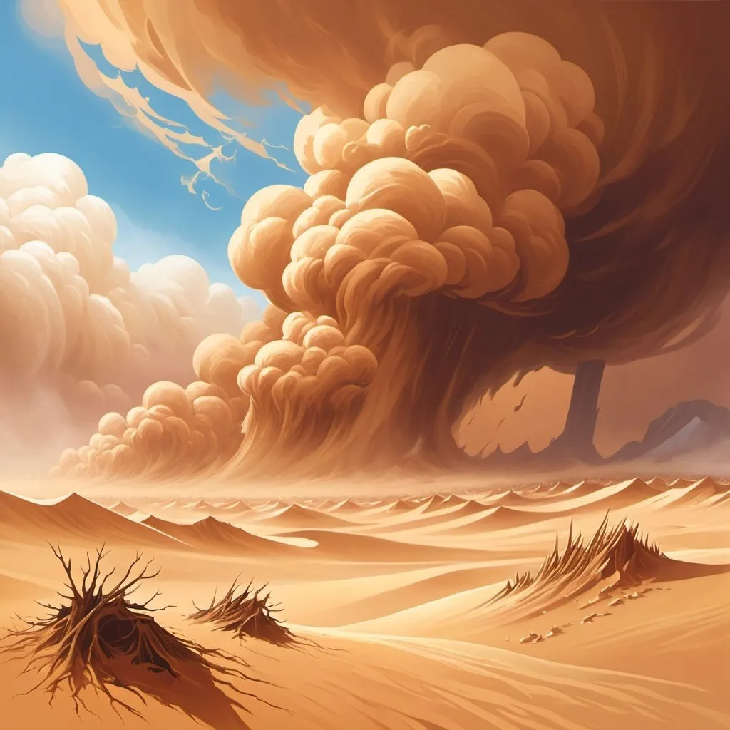 Prompt: Sand storm. Debris. Magic the gathering art style. Landscape only.