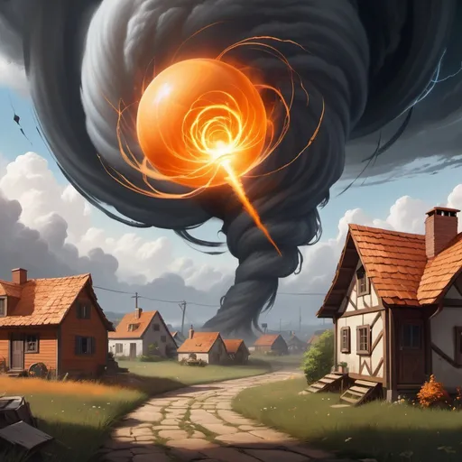Prompt: tornado next to tiny village. two orange orbs for eyes on tornado. magic the gathering art style.