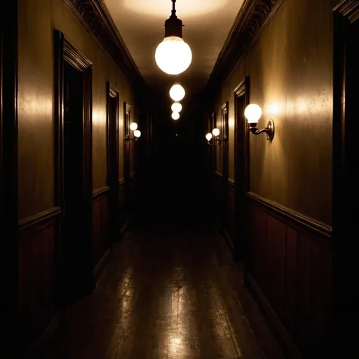 Prompt: A single light bulb in a dark victorian hallway. The hallway is long and dark cannot be see.