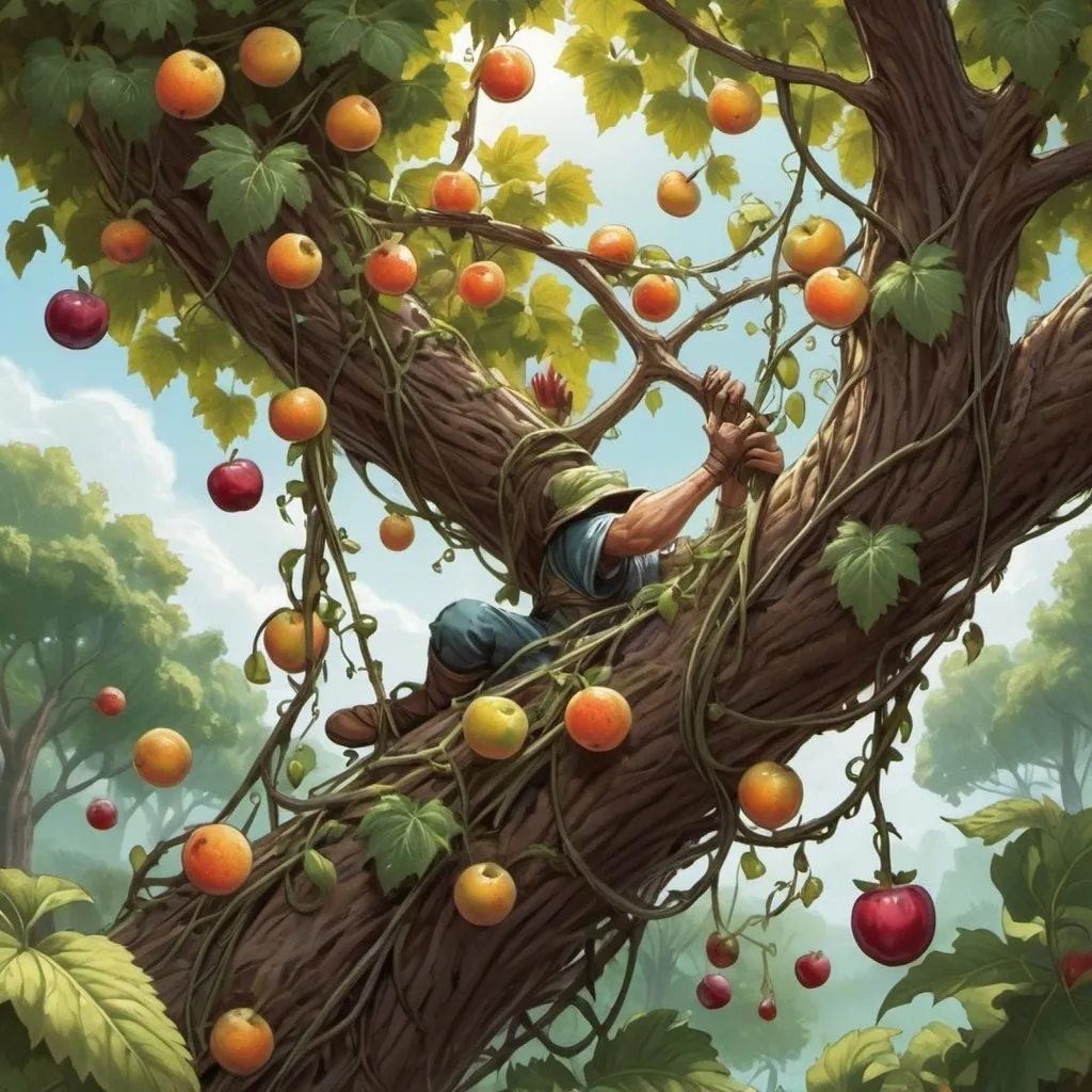 Prompt: vines picking up fruit from trees. Vines harvesting fruit from trees. Vines grabbing fruit from a tree. Magic the gathering art style. .