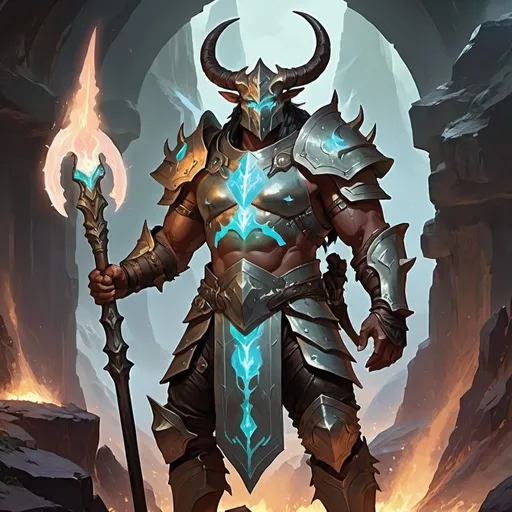 Prompt: aetherial glowing horned Armored Warrior blacksmith god the size of a mountain magic the gathering artstyle