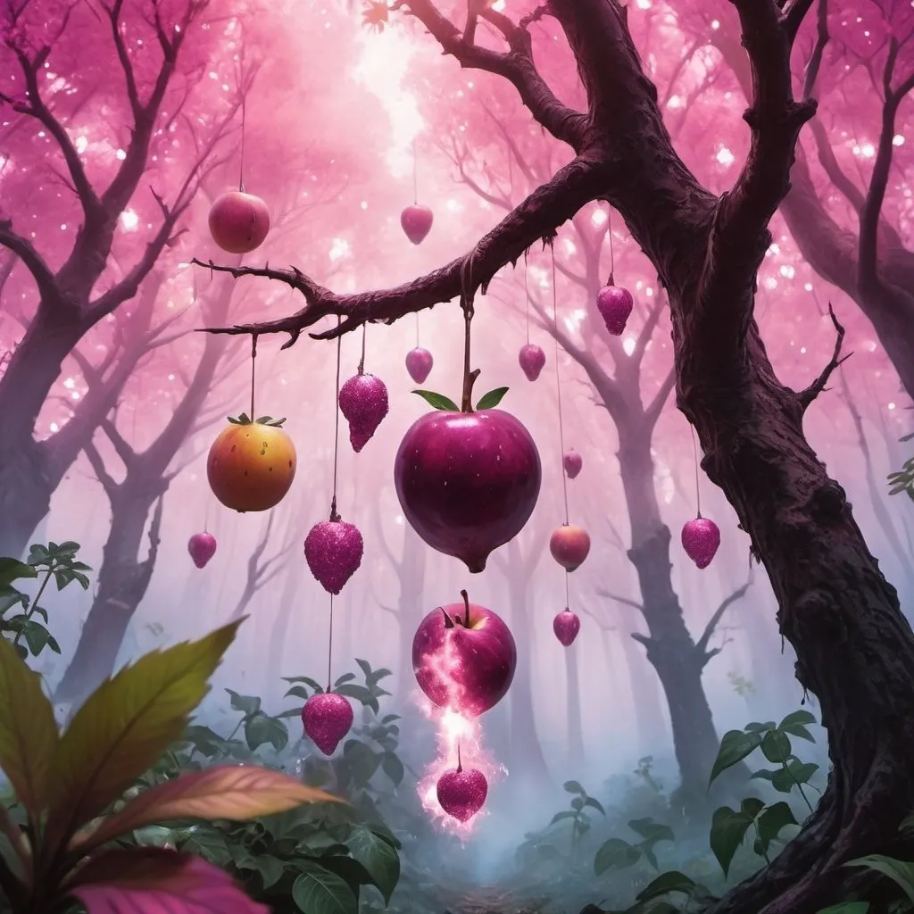 Prompt: Magic the gathering art style. fruit hanging from a tree. pink glittering smoke surround the fruit. background dense forest.