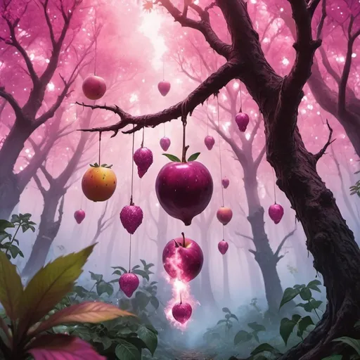 Prompt: Magic the gathering art style. fruit hanging from a tree. pink glittering smoke surround the fruit. background dense forest.