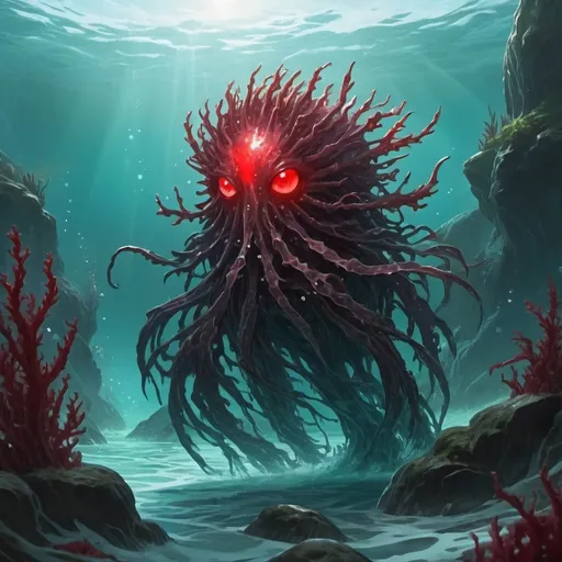 Prompt: Fantasy oceanscape. Pristine water. Magic the gathering art style. Seaweed creature with red eyes. 