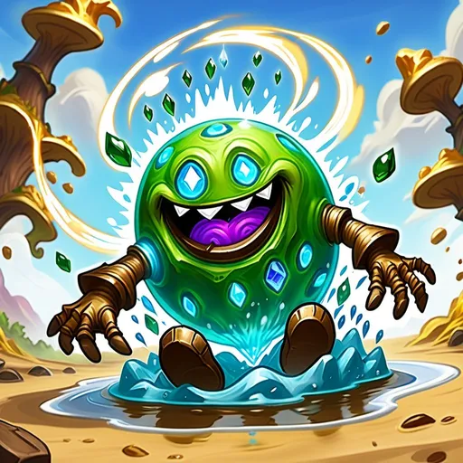 Prompt: Quicksand elemental. Hearthstone art style. Quicksand elemental rises from the ground. Floating arms. Fluid body.