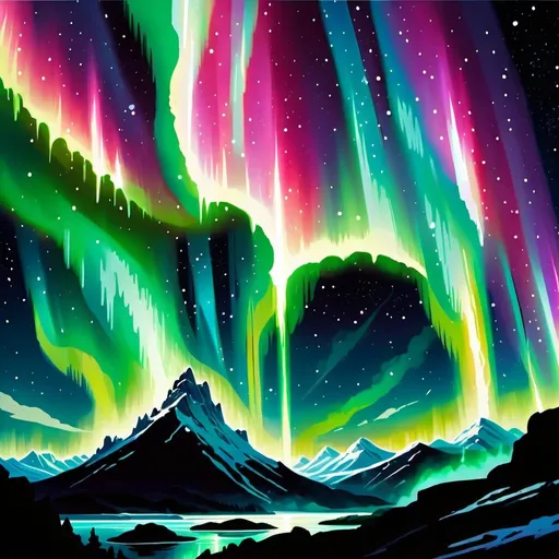 Prompt: Northern lights. Aurora Borealis. Magic the gathering art style. Raining fire. Large meteor shower.
