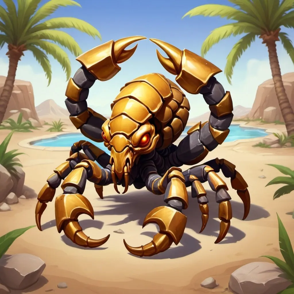 Prompt: Rock Scorpion Fusion. Scorpion with rock for skin. Hearthstone art style. Oasis and palm trees in background.