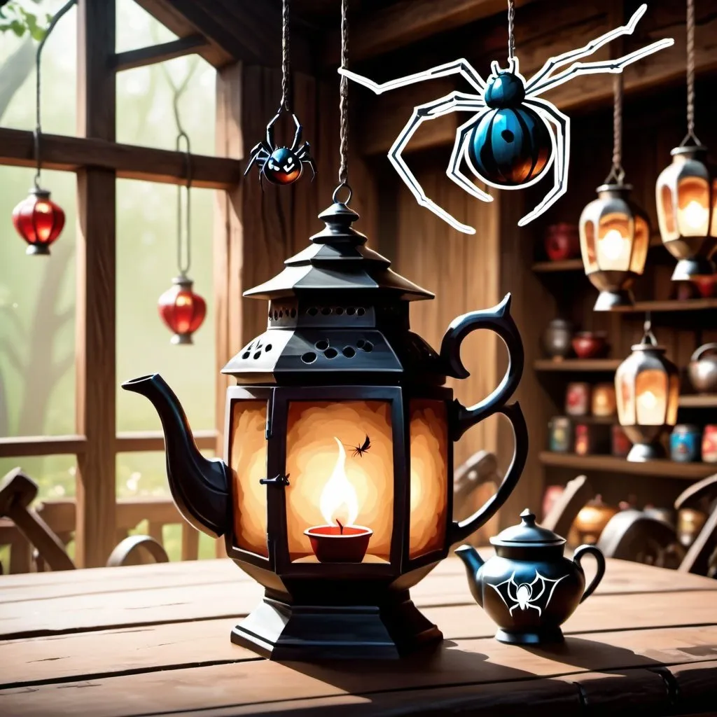Prompt: Magic the gathering artstyle. Flying teapots. Rustic wooden shop background. Lantern with spider legs.