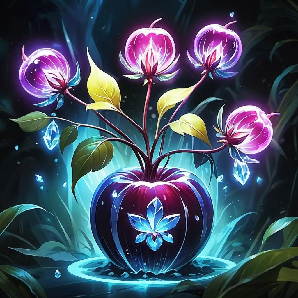 Prompt: Fantasy plants. Glowing Magic plant. Mana. Crystal Apples. Magic the gathering art style.