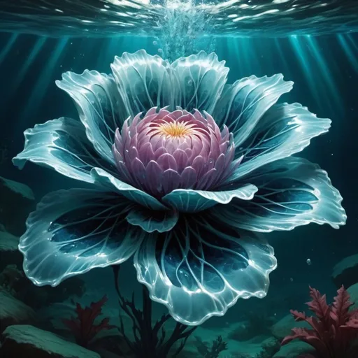 Prompt: Flower made of waves and water. Underwater. Magic the gathering art style.