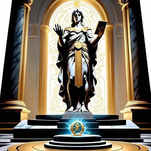 Prompt: A marble statue with gold engravings on a marble podium. scrolls and math symbols surround the statue. Giant male statue standing upright properly. Completely clothed with robes. Magic the gathering artstyle. Golden and divine glow.