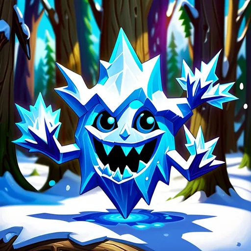 Prompt: Snow Elemental. Made of opaque ice shards. Hearthstone art style. Frozen forest background. Floating ice arms.