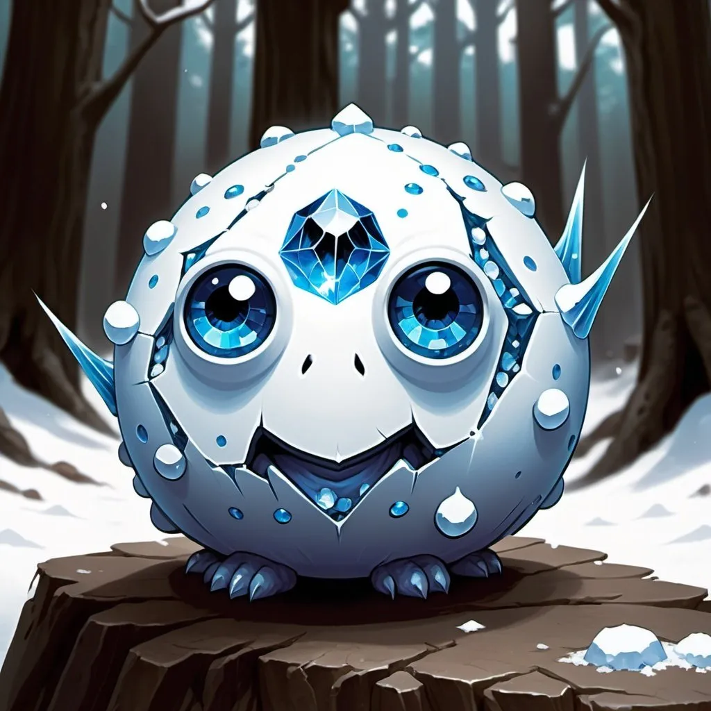 Prompt: snow lump with light blue dots for eyes only. Blue crystals growing on its head. Magic the gathering art style.