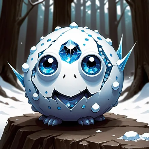 Prompt: snow lump with light blue dots for eyes only. Blue crystals growing on its head. Magic the gathering art style.