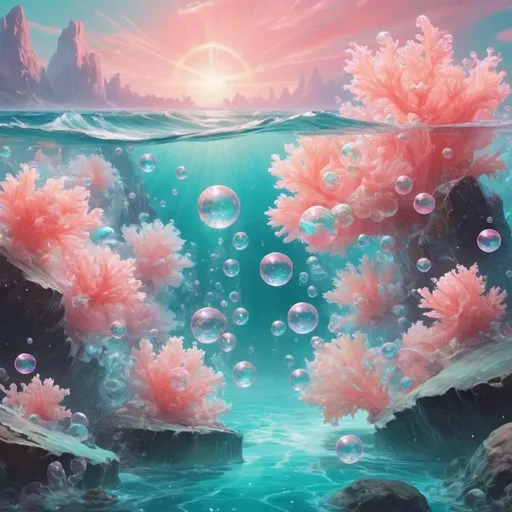 Prompt: Fantasy oceanscape. Pristine water. Magic the gathering art style. Living coral constructs. Crystal magic bubbles. Beautiful pastel explosion.