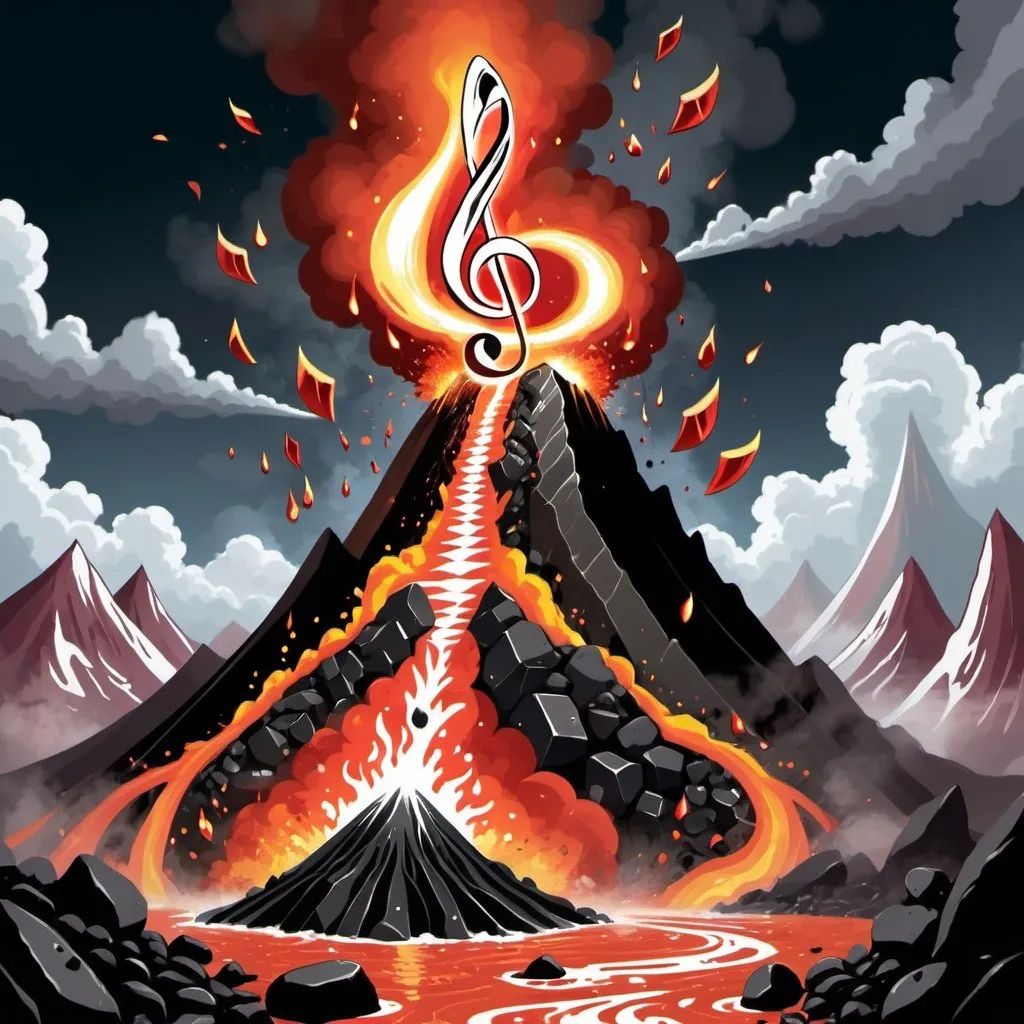 Prompt: Volcano spewing rocks. Magic the gathering art style. Music notes. Treble Clef. Semiquaver.