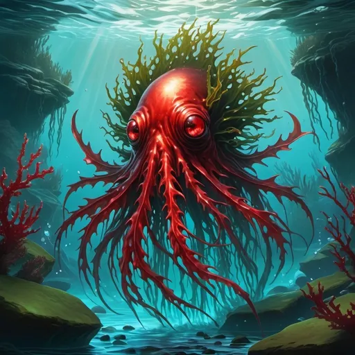 Prompt: Fantasy oceanscape. Pristine water. Magic the gathering art style. Seaweed creature with red eyes.