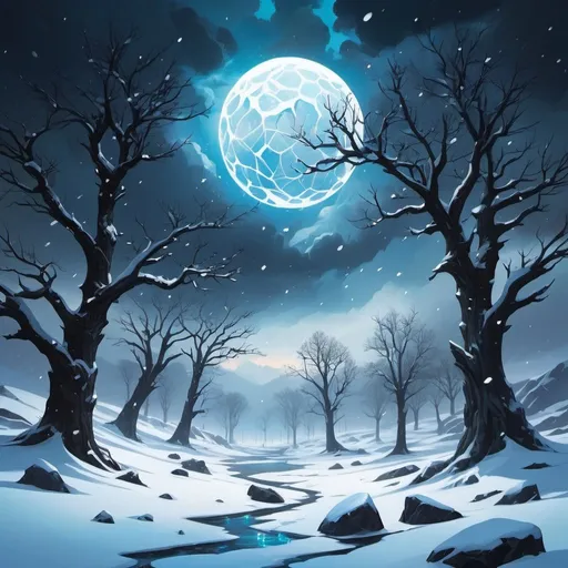 Prompt: Harsh snowy environment. Dead Trees. Snow piles. Rocks covered in snow. Hail falling from the sky. Magic the gathering art style. Night time. Dark cloudy sky. Floating ice orb.