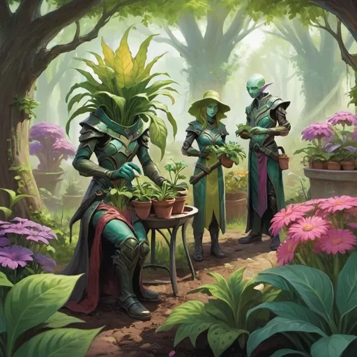 Prompt: Plant people tending a garden. magic the gathering art style. 