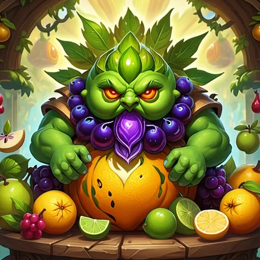 Prompt: Fruit elemental. Hearthstone art style. No legs. Multiple sets of arms. Marketplace background.