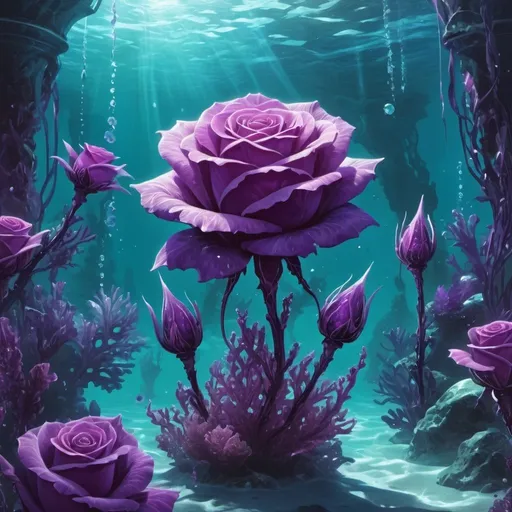 Prompt: Fantasy oceanscape. Magical sea plants. Pristine water. Magic the gathering art style. Underwater purple plants and crystals. Large underwater rose.