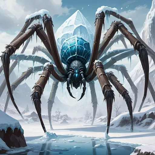 Prompt: Frozen Giant Spider. Ice Giant Spider. Magic the gathering art style.