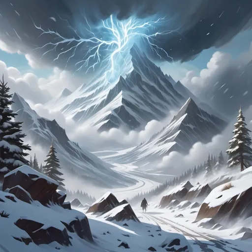 Prompt: Blizzard. Snow Storm. Harsh strong winds. hail storm destroying mountain. magic the gathering art style.