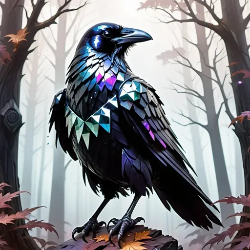 Prompt: Metallic and crystallized Raven. Foggy Forest background. Magic the gathering art style.