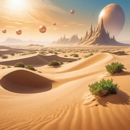 Prompt: Fantasy and Alien Sand Dunes. Magic the gathering art style. landscape only. Floating sand bubbles. Massive and gigantic desert bushes. 