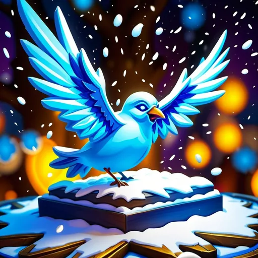 Prompt: Hearthstone art style. Blizzard, snow storm background. Living ice sculpture of a bird flying. 