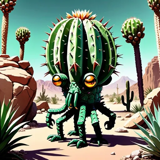 Prompt: Cactus with legs. Scorpion with rock for skin. Magic the gathering art style. Oasis and palm trees in background.