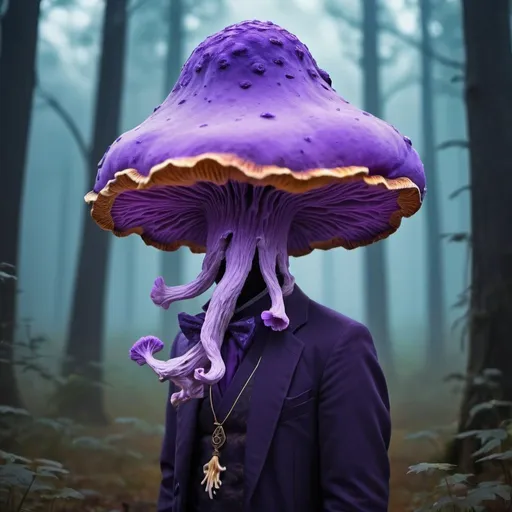 Prompt: Purple Chanterelle mushroom head. Scholar outfit. Purple smog, spores in the air. Night time forest background. Creepy. Magic the gathering artstyle. Mushroom growing on the scholar outfit

