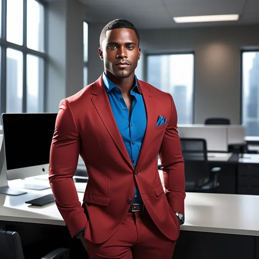 Prompt: Handsome brown skinned black man, named Elijah, confidently working at a sleek modern office, his vibrant red dress shirt contrasting against polished black dress pants. Photorealistic image capturing sharp blue eyes full of focus, illuminated by natural light streaming through large windows. Stylish desk setup in the background enhances professionalism. High quality, ultra-detailed visual showcasing a dynamic workspace ambiance, inviting a sense of dedication and accomplishment. Anime figure on desk