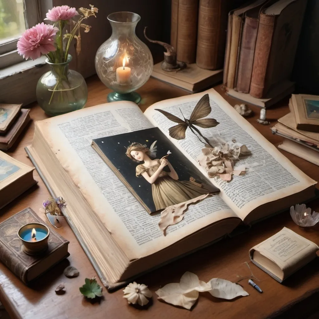 Prompt: a tattered old book about dream philosophy is open on a table with other items around it and a vase, Art & Language, arts and crafts movement, photorealistic imagery, a storybook illustration. Fairies flying around