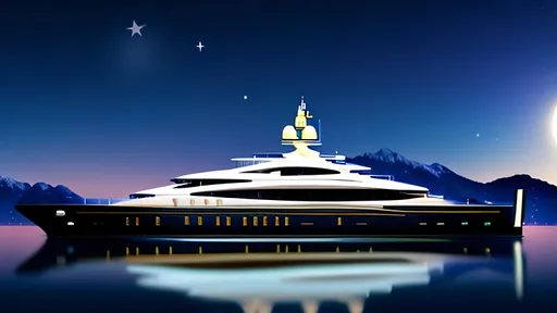 Prompt: a super yacht in front of big mountains and moon and stars at sea at night