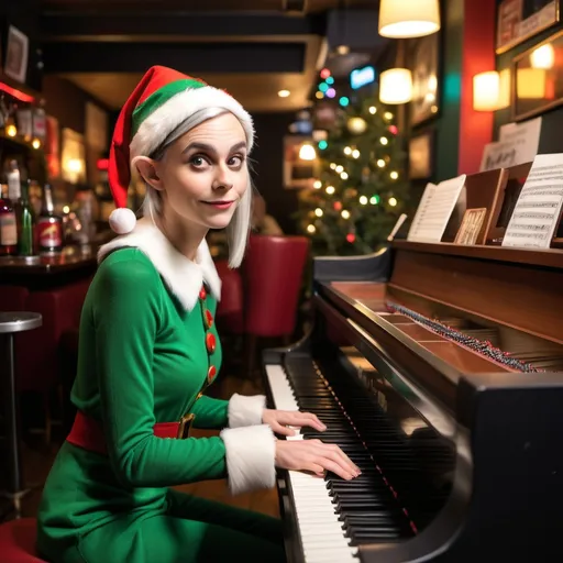 Prompt: female elf piano player in a jazz bar on Christmas Eve playing Vince Guaraldi songs