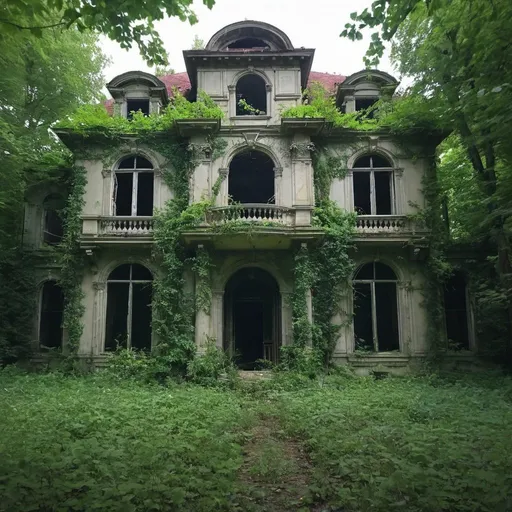 Prompt: Abandoned mansion, in a forest, vines growing on it
