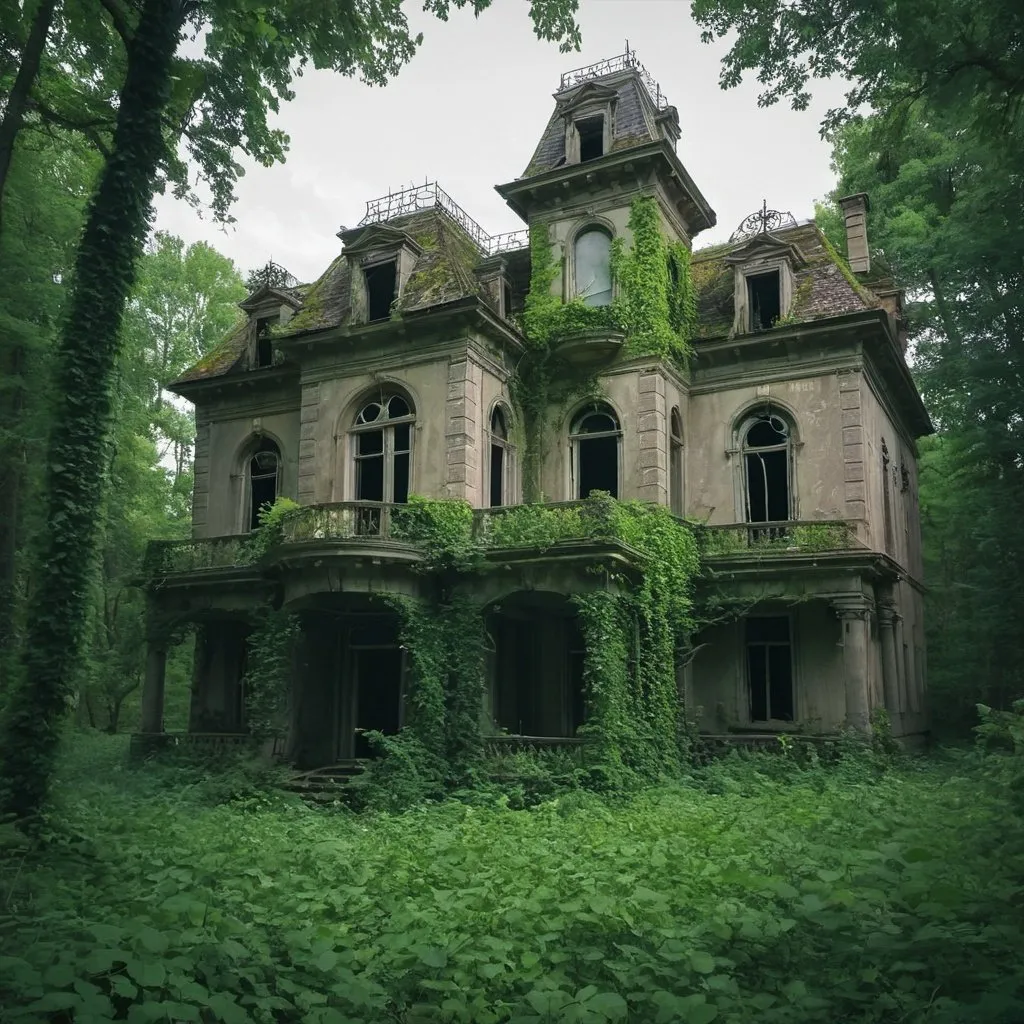 Prompt: Abandoned mansion, in a forest, vines growing on it
